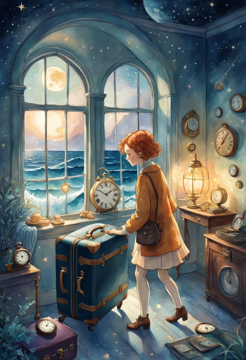 Ethereal Girl Unpacking in Dreamlike Room with Celestial Sea