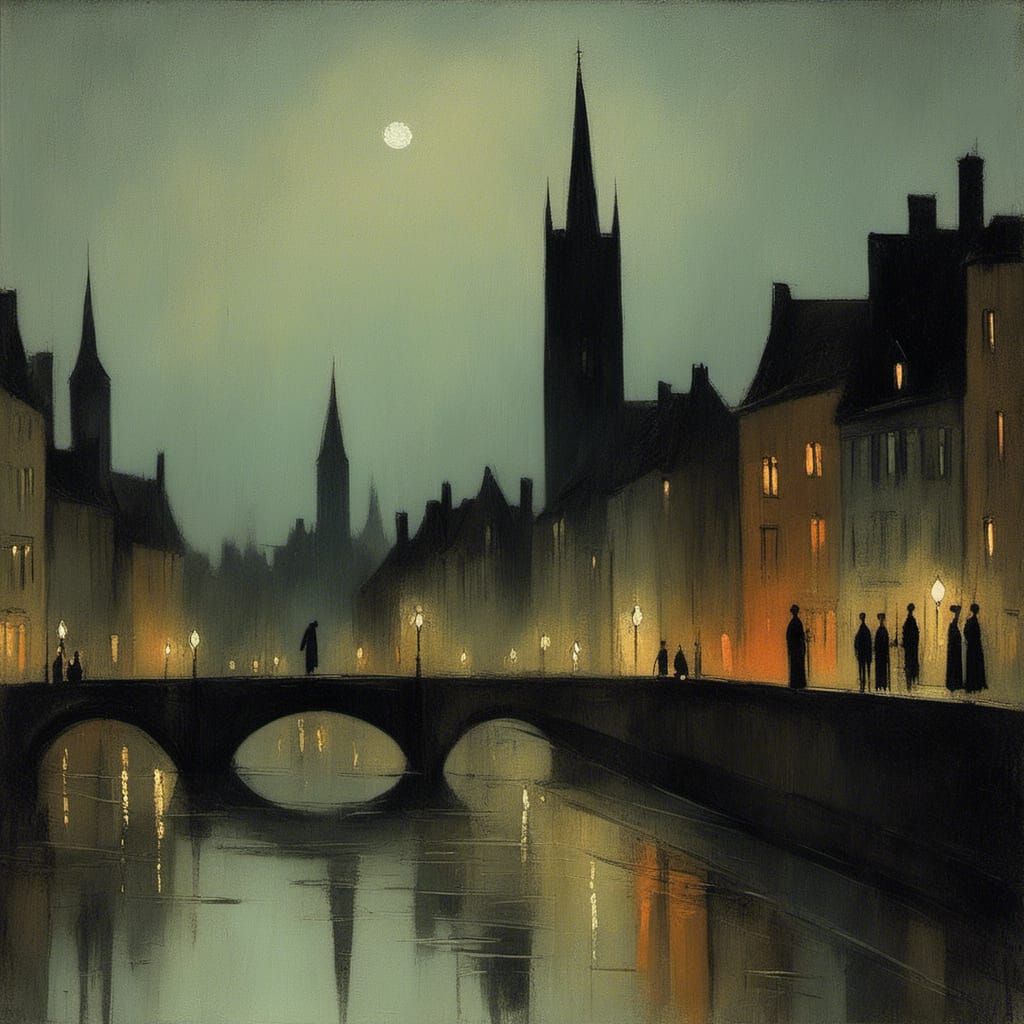 Bruges Night Cityscape in Cyberpunk Style