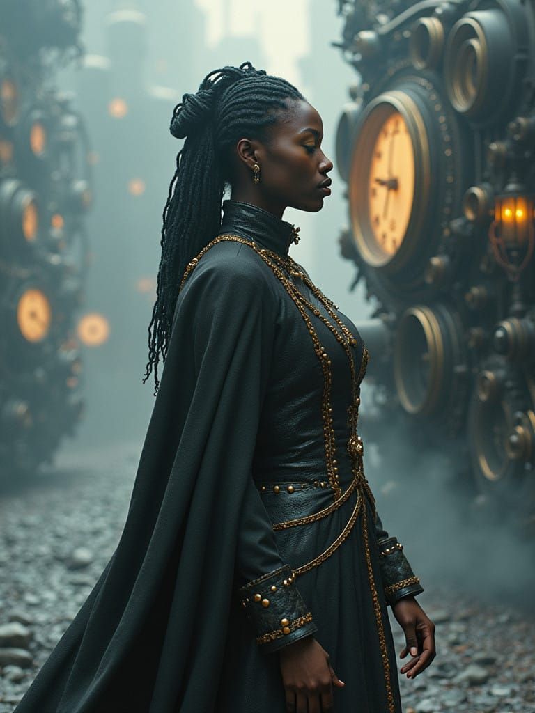 Ethereal Steampunk Timekeeper Amidst Whimsical Industrial Dr...