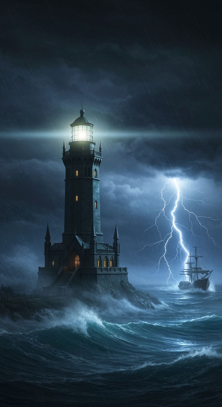 Gothic Lighthouse Rises from Misty Sea