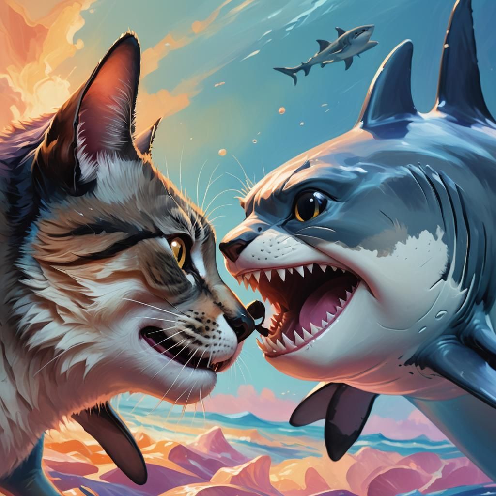 Cats Kissing Before a Shark in Pixar Style