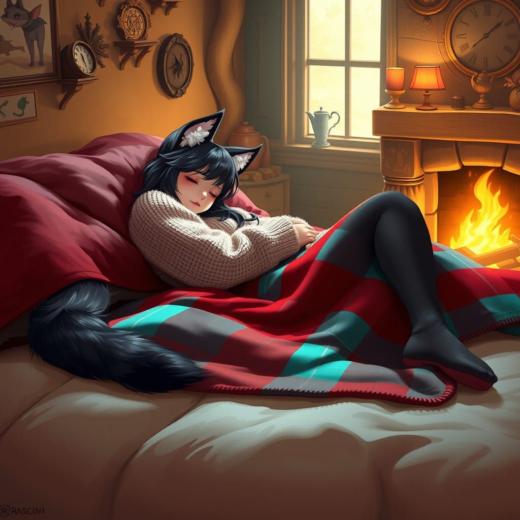 Cozy Anime-Inspired Napping Scene with Feline Woman