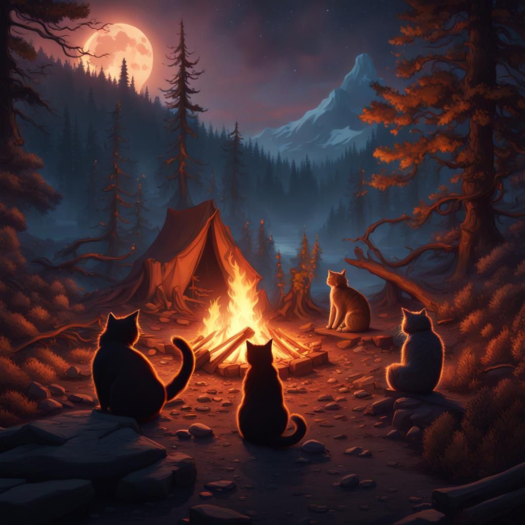 Fantastical Cat Backpacking Trip by Campfire