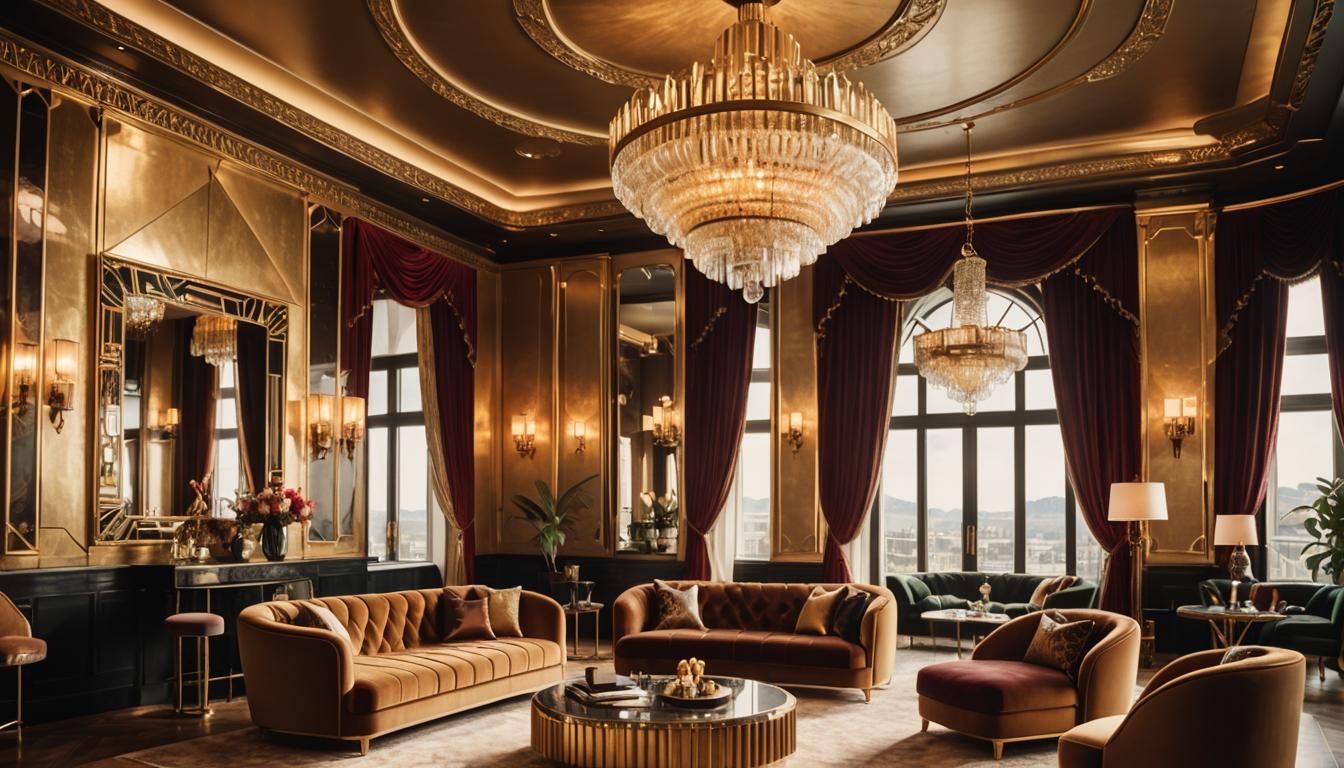 Luxurious Art Deco Cocktail Lounge with Chandelier