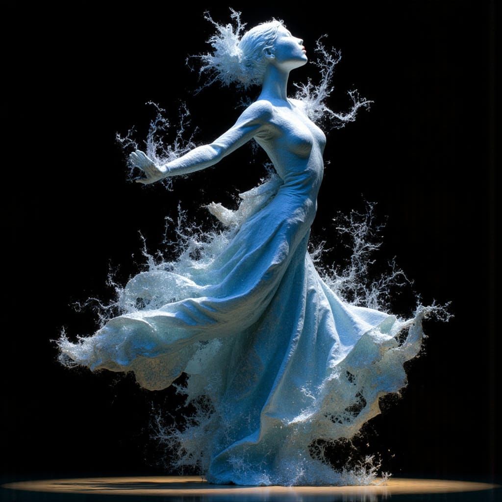 Glass Sculpture Portrait of Dancing Woman in Ink Wash Style