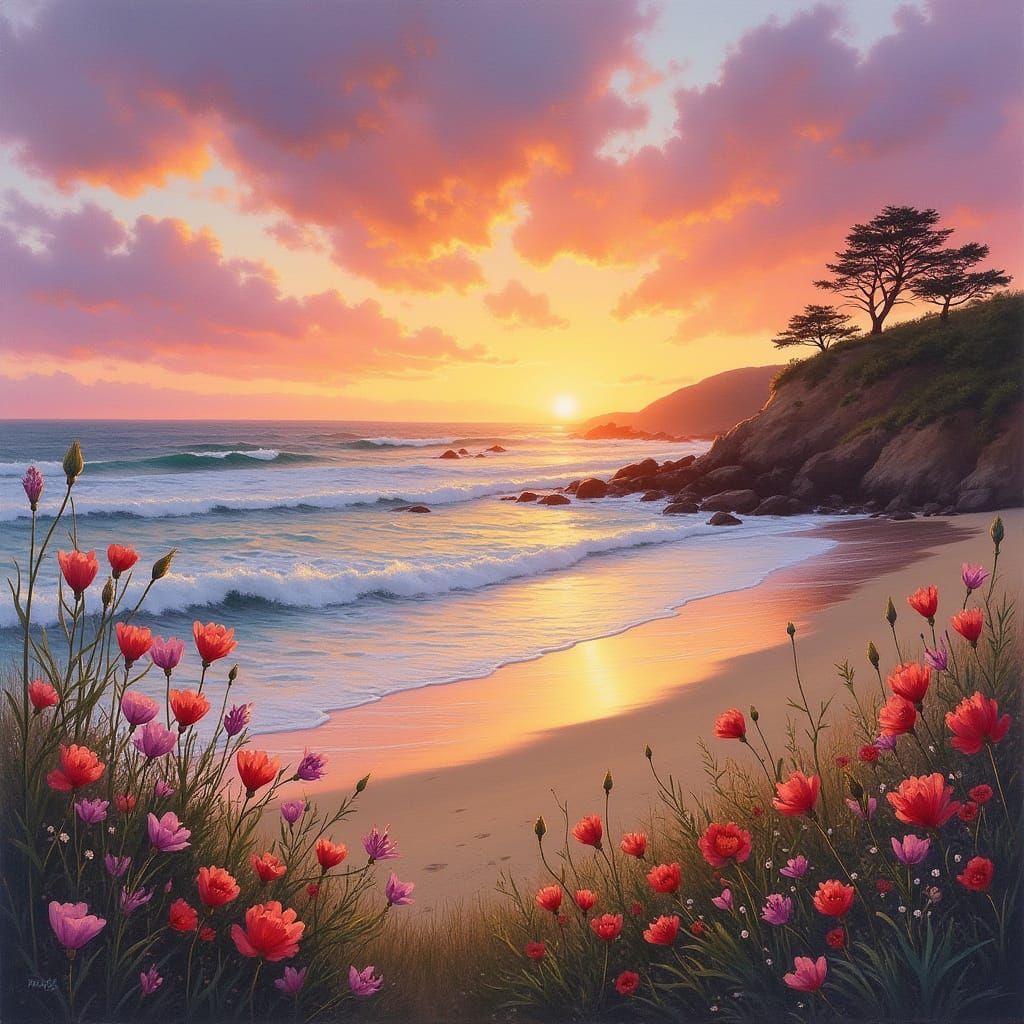 Soft Carmel Beach Sunset with Whimsical Flowers
