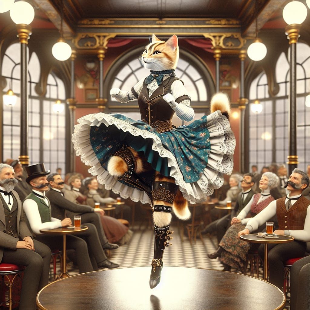 Steampunk Feline Can-Can Dancer at Victorian Cafe