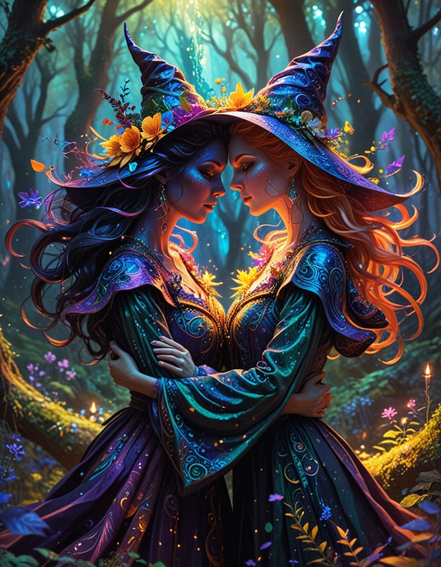Two Witches Embrace in Magical Forest Digital Painting