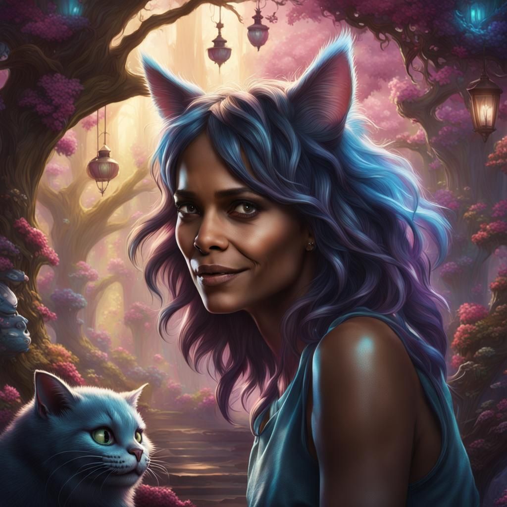Catwoman and Cheshire Cat Portrait in Wonderland