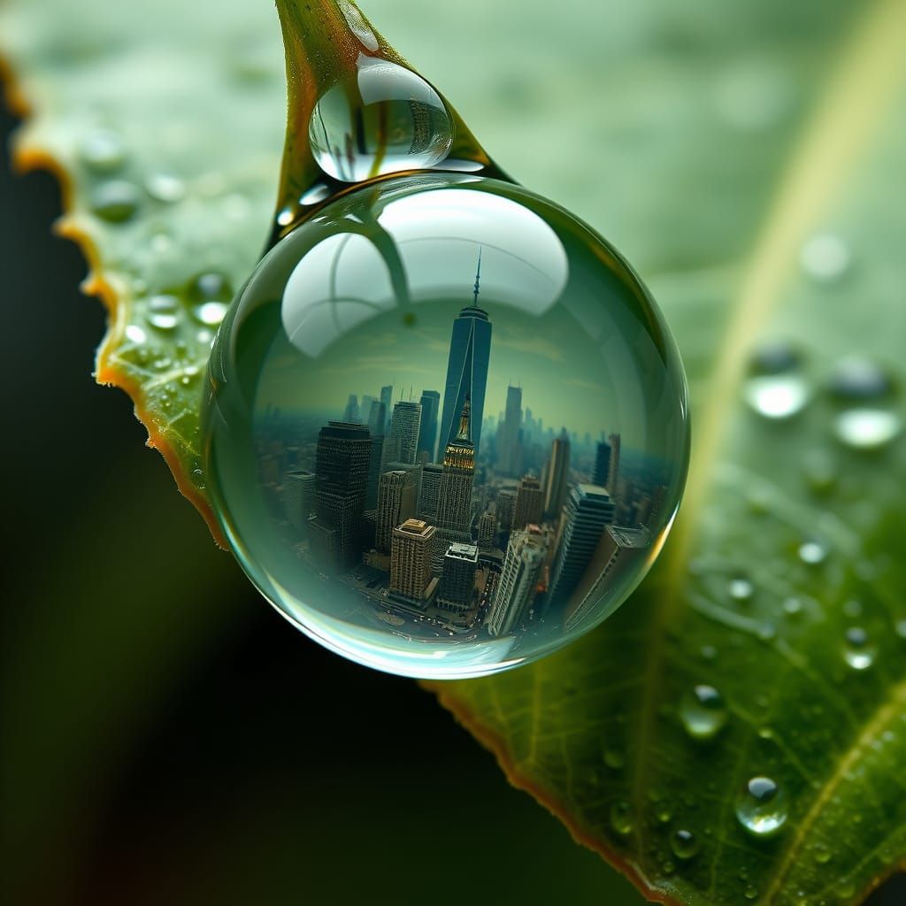 Miniature City Refracted in Dewdrop: Hyperrealistic Macro