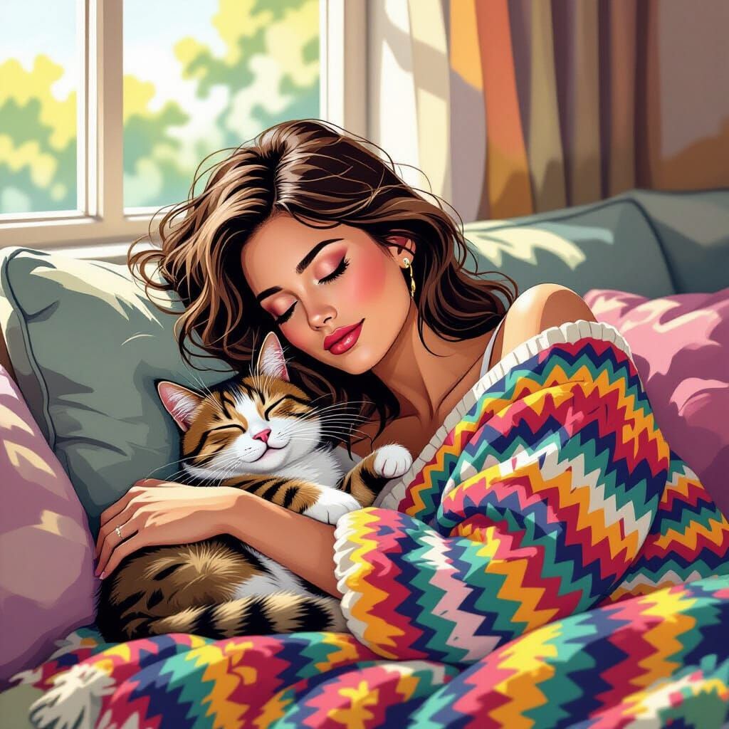 Woman Napping With Cat on Couch in Pop Art Style