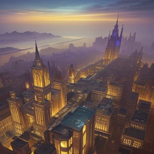 Art deco. Cubism,  A golden city centre, 20´s , very funny . Watercolor, acrylic, impasto, extrange city, detailed matte...