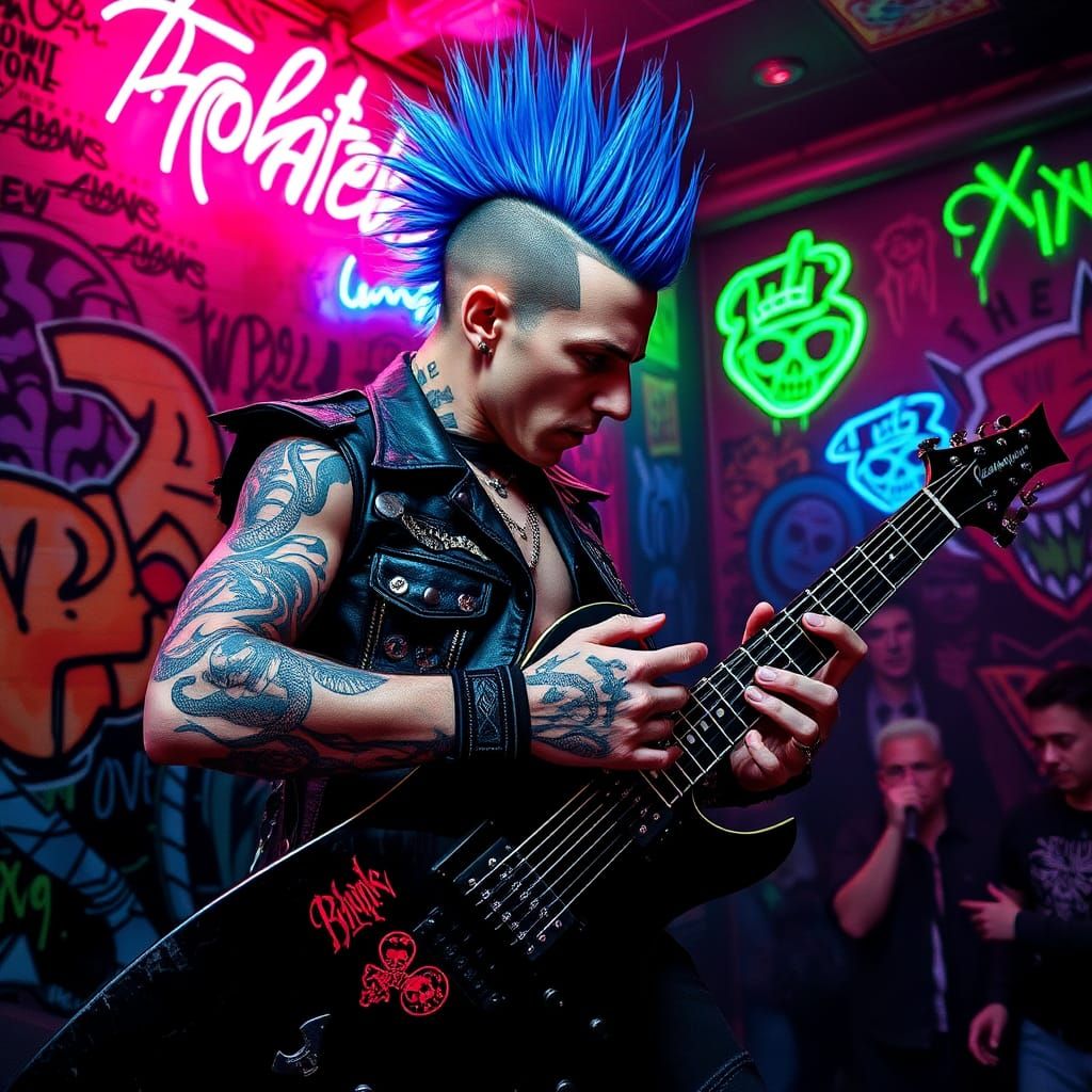 Fierce Guitarist with Electric Blue Mohawk in Punk Style