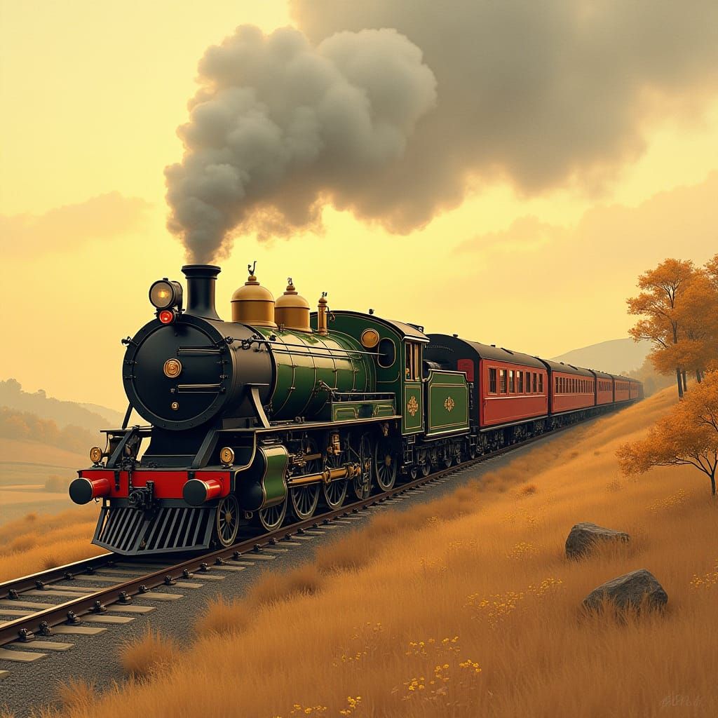 Vintage Steam Train at Sunset, Nostalgic Illustration