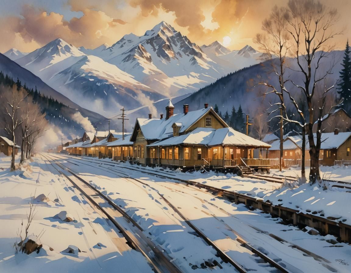 19th Century Alaskan Railway Station Watercolor