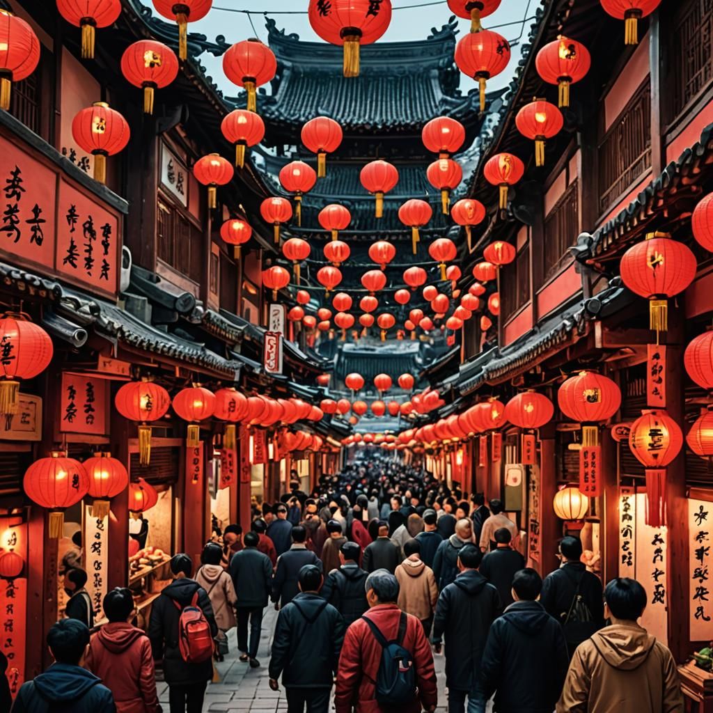 Bustling Market Street at Night with Red Lanterns