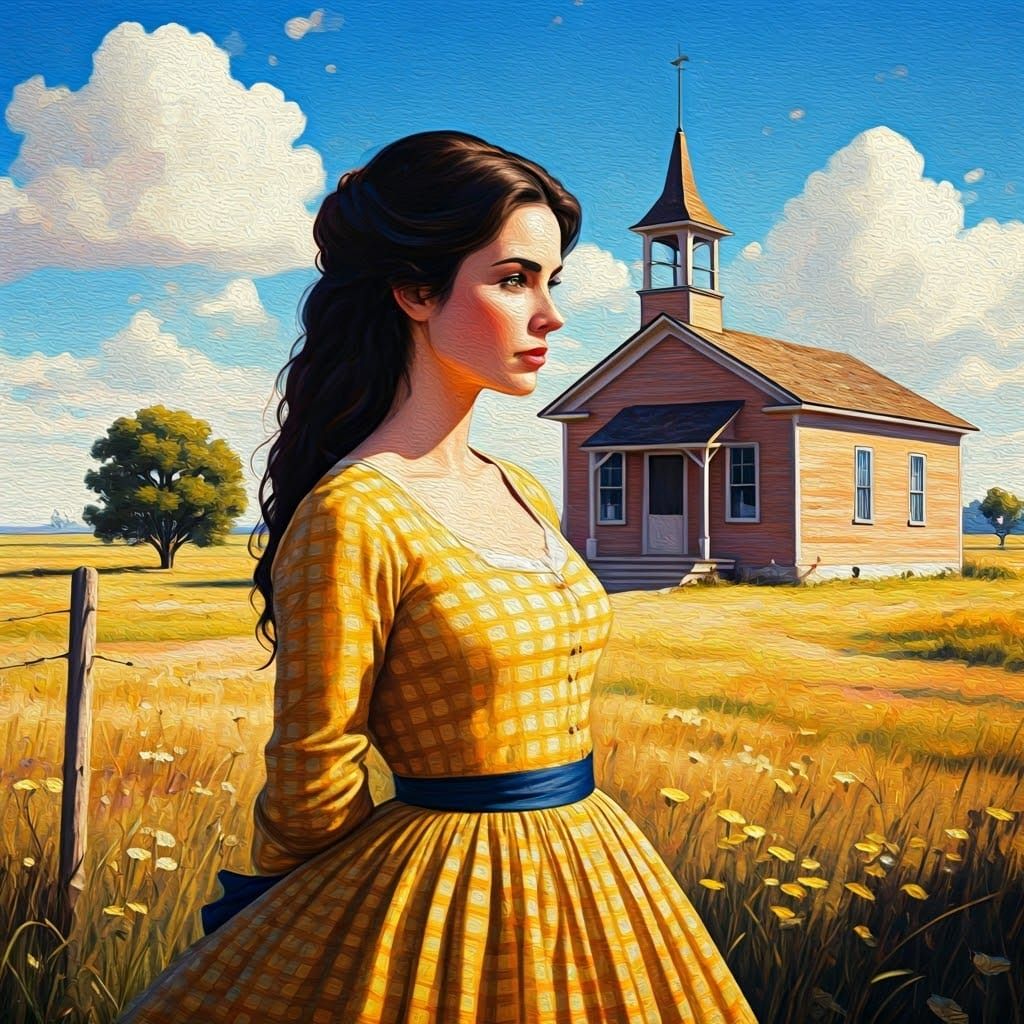 Impressionist Oil Painting: Woman in Yellow Dress on Prairie