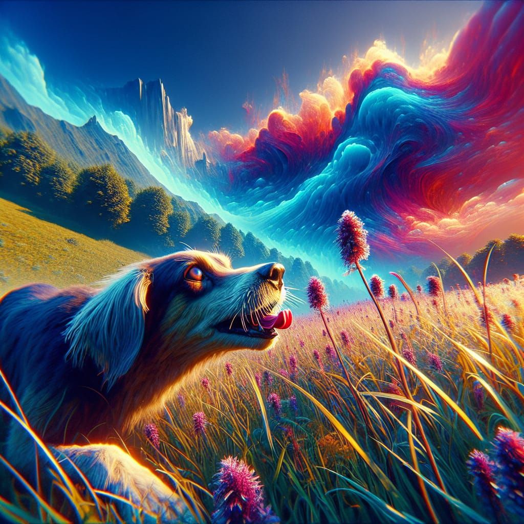Photorealistic Dog Sniffing in Field, Fantasy Matte Painting...