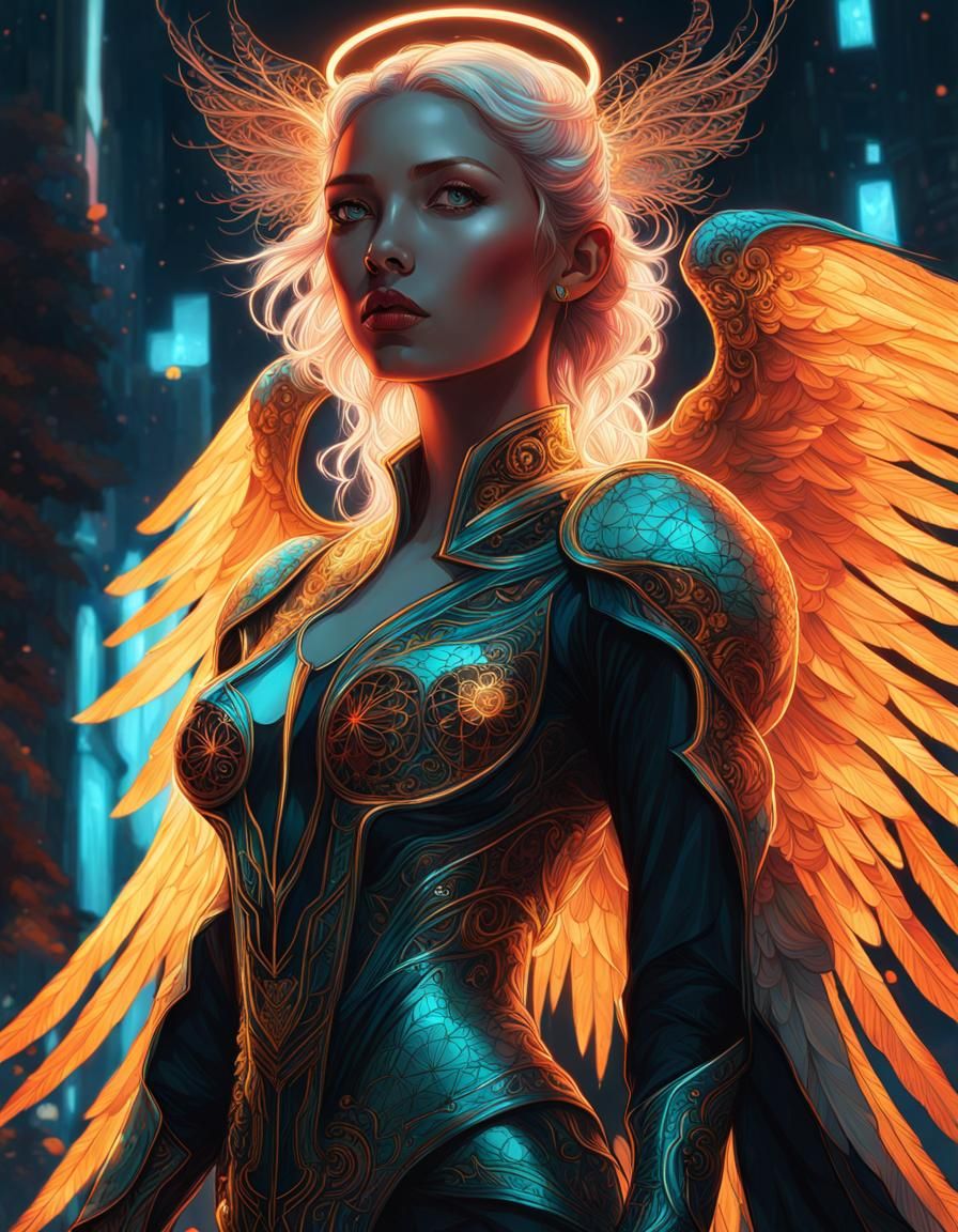 Neon Angel Portrait with Glowing Outlines