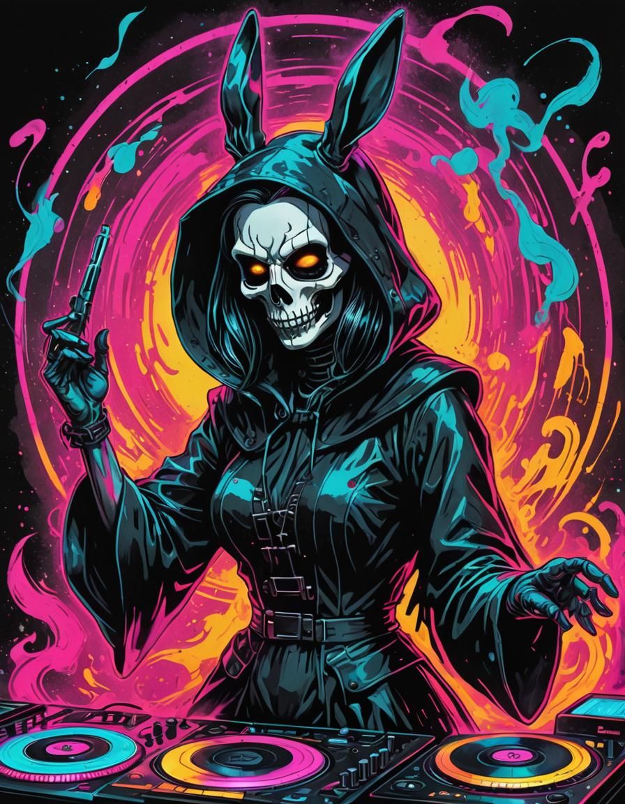 Cyberpunk Grim Reaper Bunny DJ in Pop Art Style
