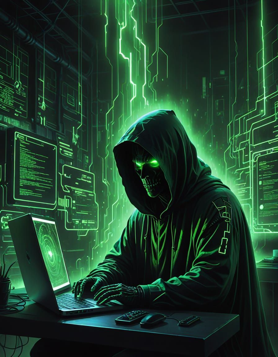 Ghost Coding at Laptop in Spooky Cyberpunk Neon