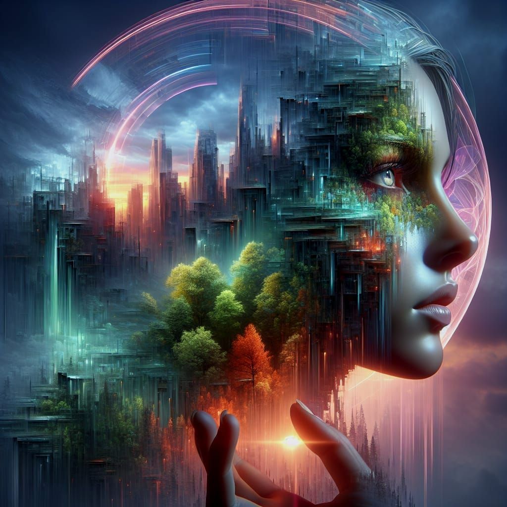 Cyberpunk Hologram: City Meets Forest Paradise