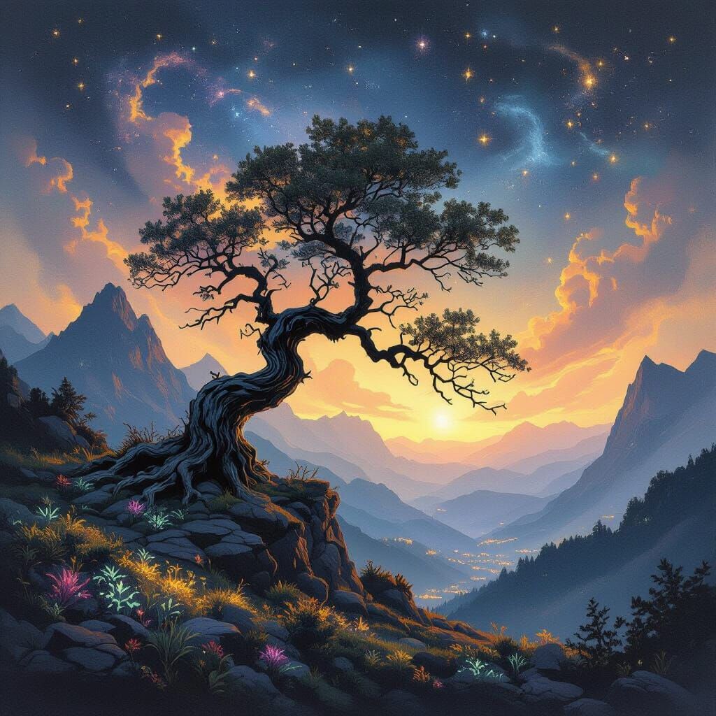 Ancient Tree on Mountain Peak Under Nebula Sky