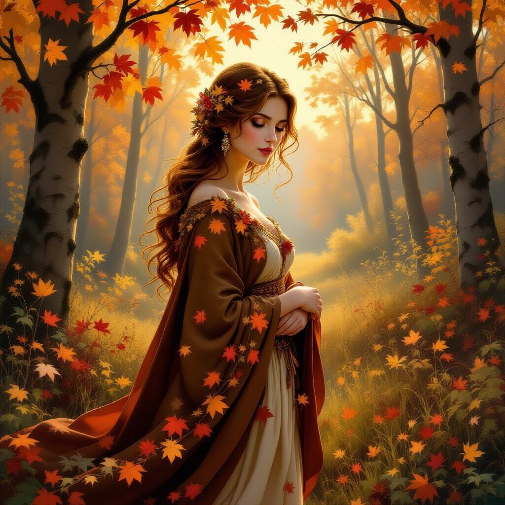 Autumn's Arrival: Serene Woman in Golden Forest