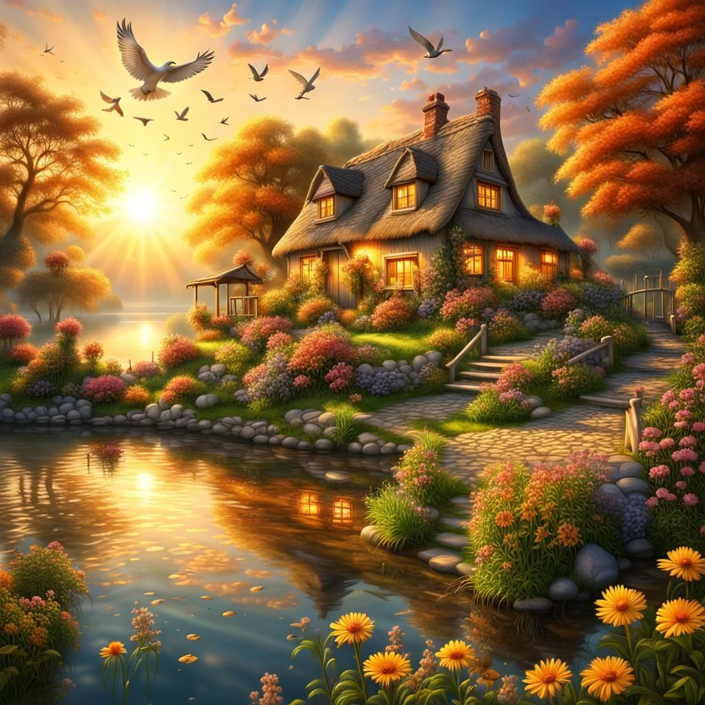 Surreal Golden Landscape with Cottage and Magical Flowers