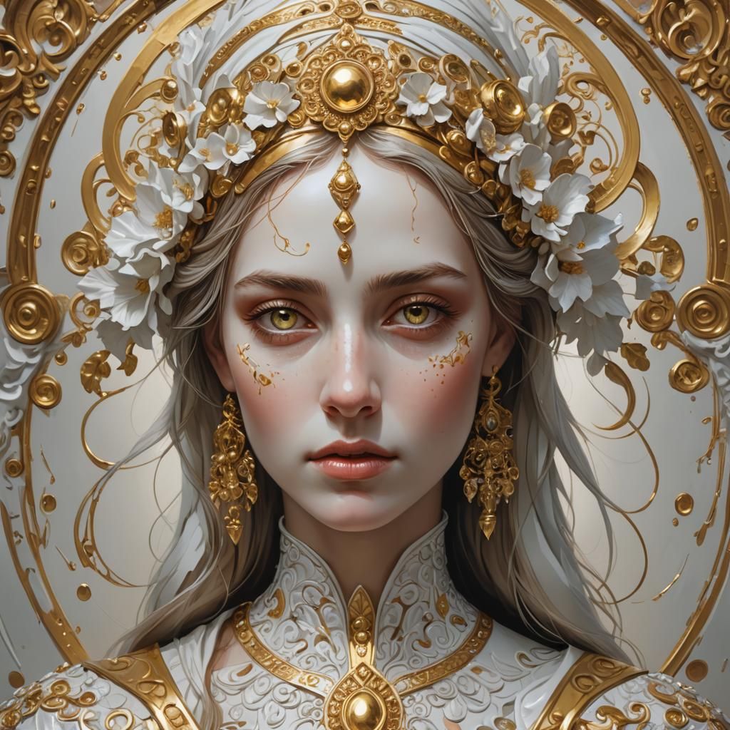 Hyperrealistic Gold and Porcelain Woman Oil Painting