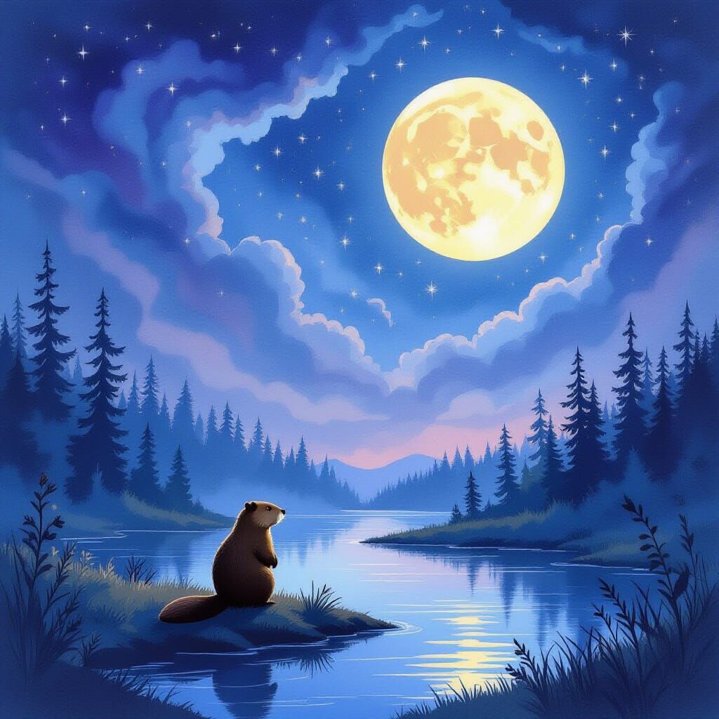Moonlit Forest Clearing with Beaver in Watercolor Style