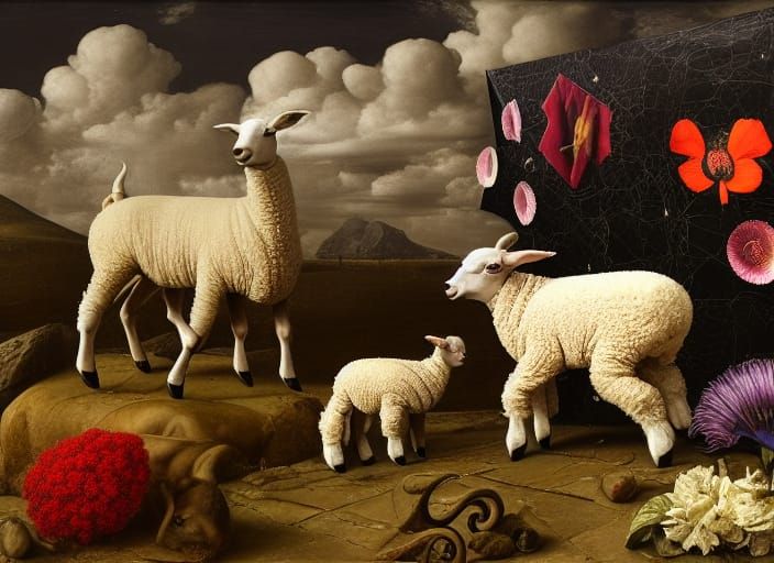Surreal Lambs and Lamborghini Landscape