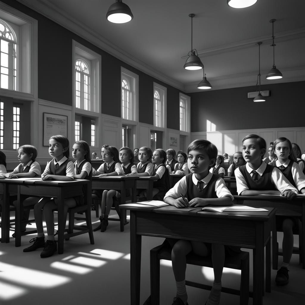 Eerie Children with Glowing Eyes in Classroom