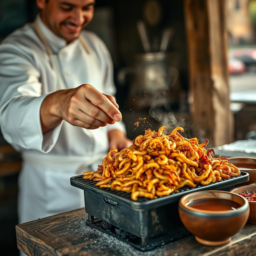 Chef Roasting Mealworms at Rustic Food Stall