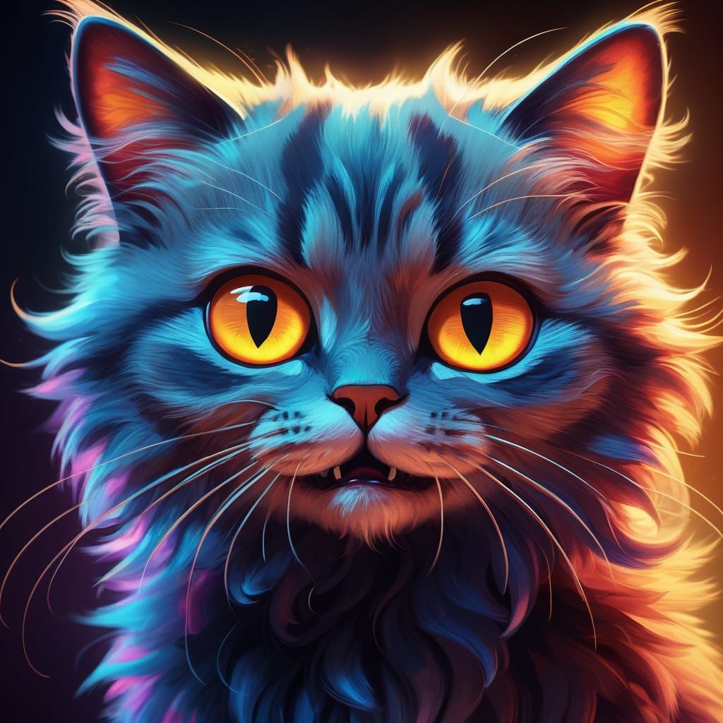 Startled Cartoon Cat with Glowing Eyes Illustration