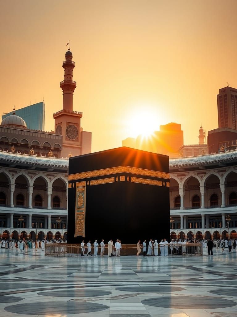 The Holy Kaaba in Mecca at Sunset