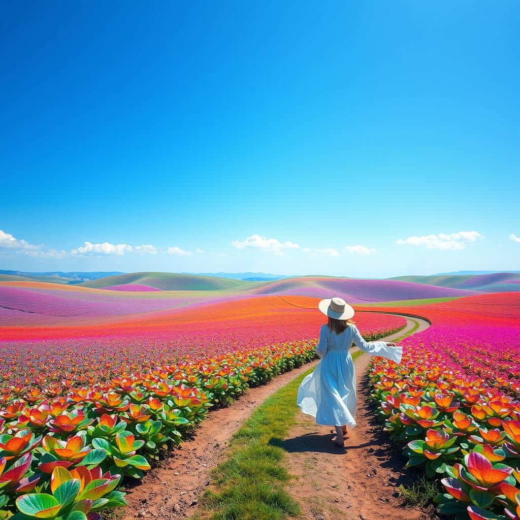 Vibrant Field of Iridescent Plants in a Futuristic Landscape