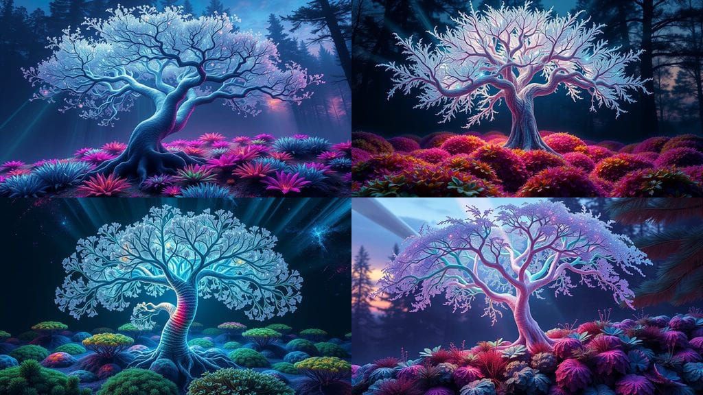 Surreal Tree Radiates Ethereal Bioluminescence in a Misty Fo...