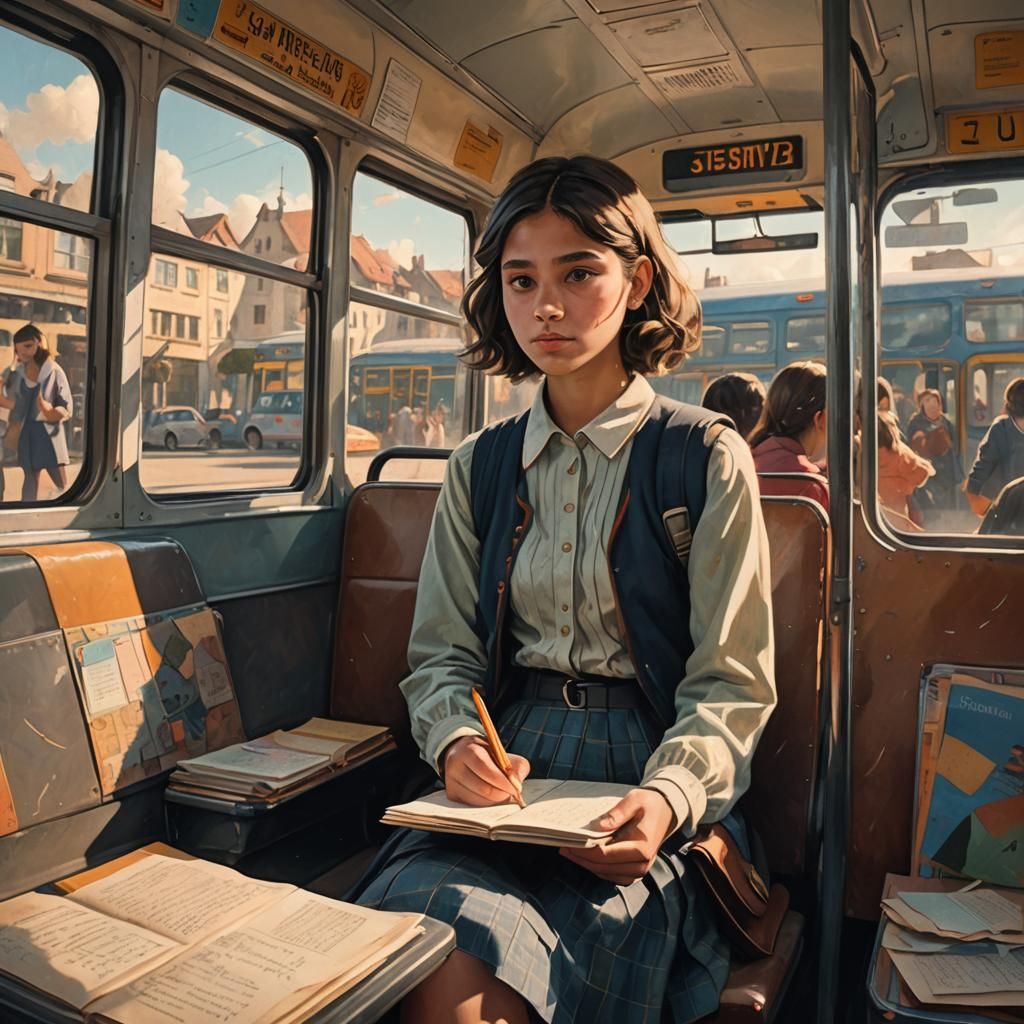 Student on Bus in Whimsical Fantasy Art Style