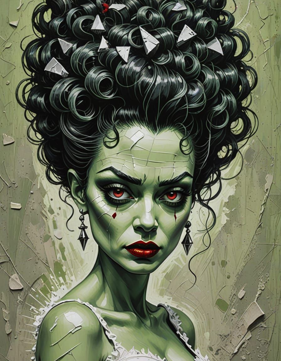 Bride of Frankenstein Chibi in Hyperdetailed Charcoal Style