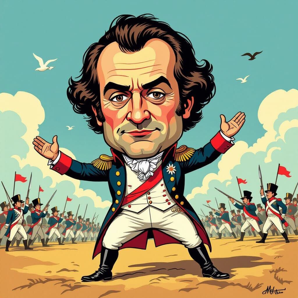 Exaggerated Napoleon Caricature on Battlefield