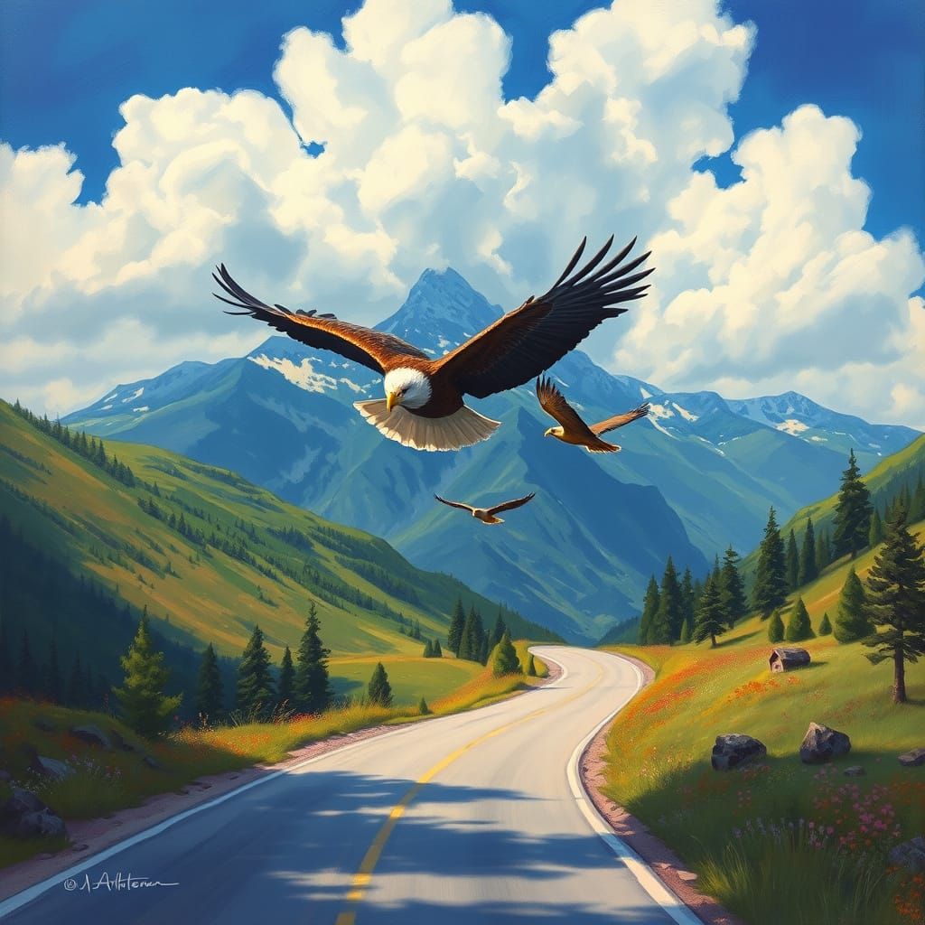 Elegant Eagle Silhouette Over Serene Mountain Road
