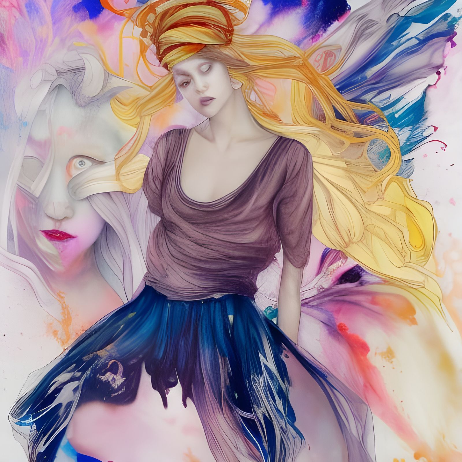 Stylish Young Goddess Dancing in Alcohol Ink