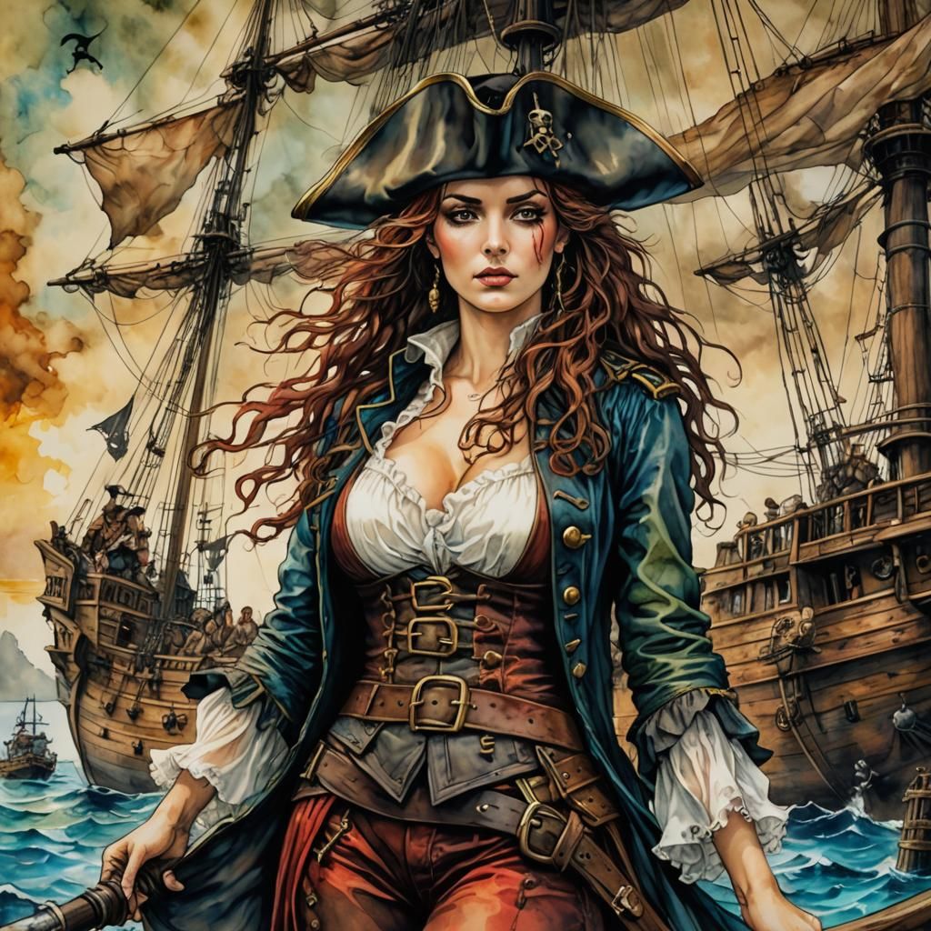 Pirate Woman's Fight Against Blackbeard in Alcohol Ink