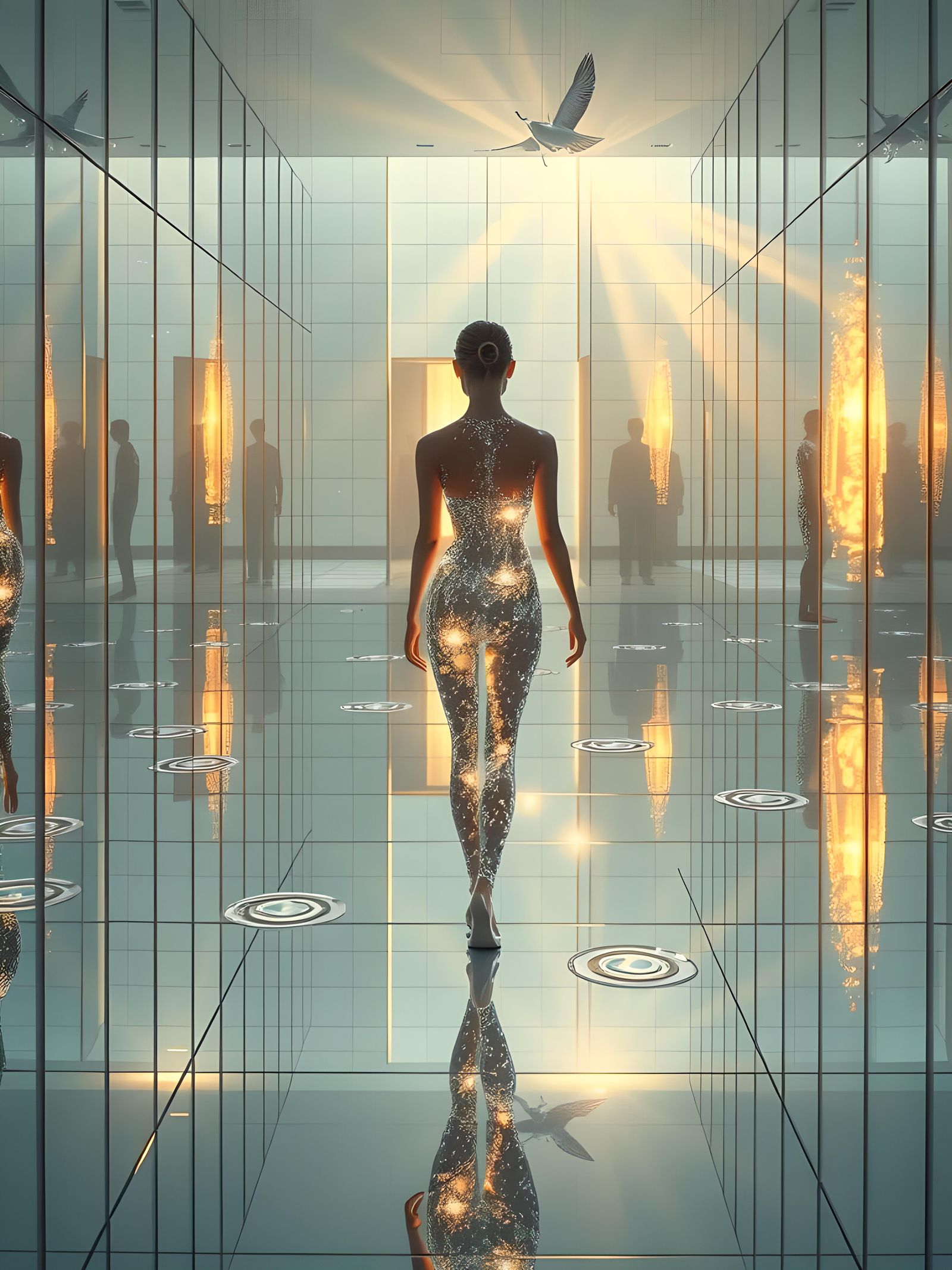 Water Sculpture Walking in Mirrored Room