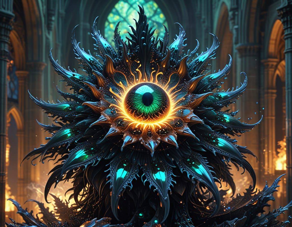 Futuristic Ferrofluid Dragon-Bird on Gothic Cathedral