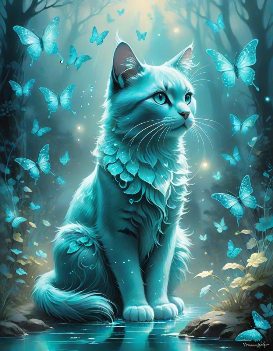 Ethereal Turquoise Cat in Abstract Surreal Style