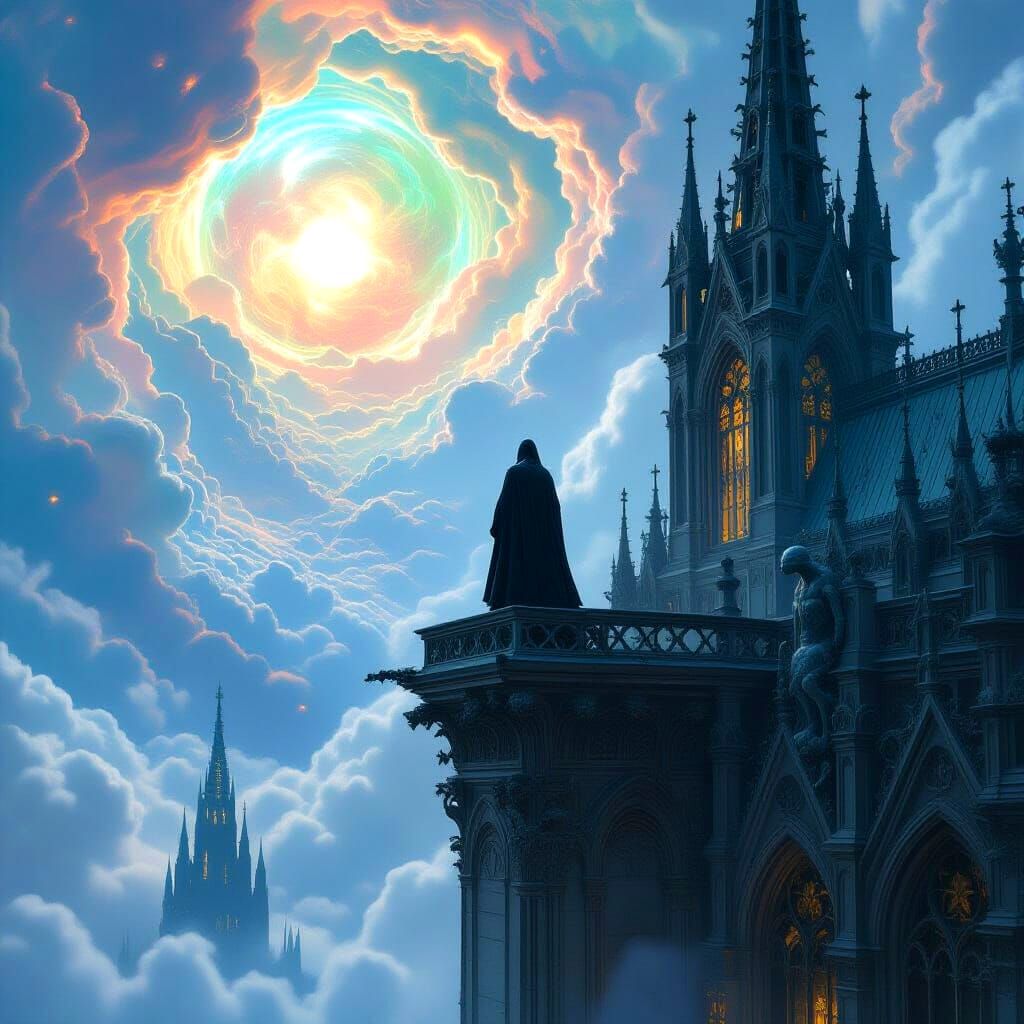 Surreal Gothic Cathedral with Figure in Biomechanical Style
