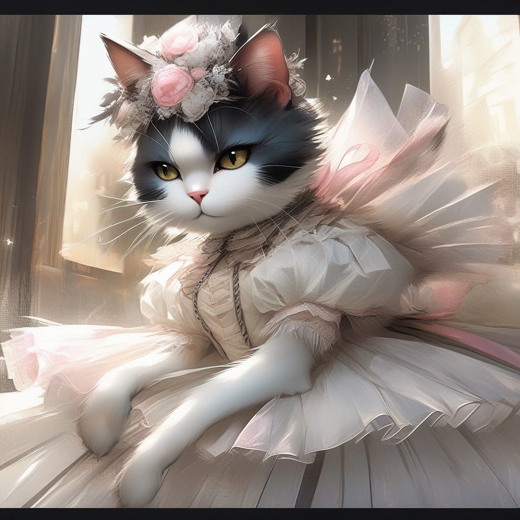 Anime Cat Ballerina Portrait in Detailed Splash Art