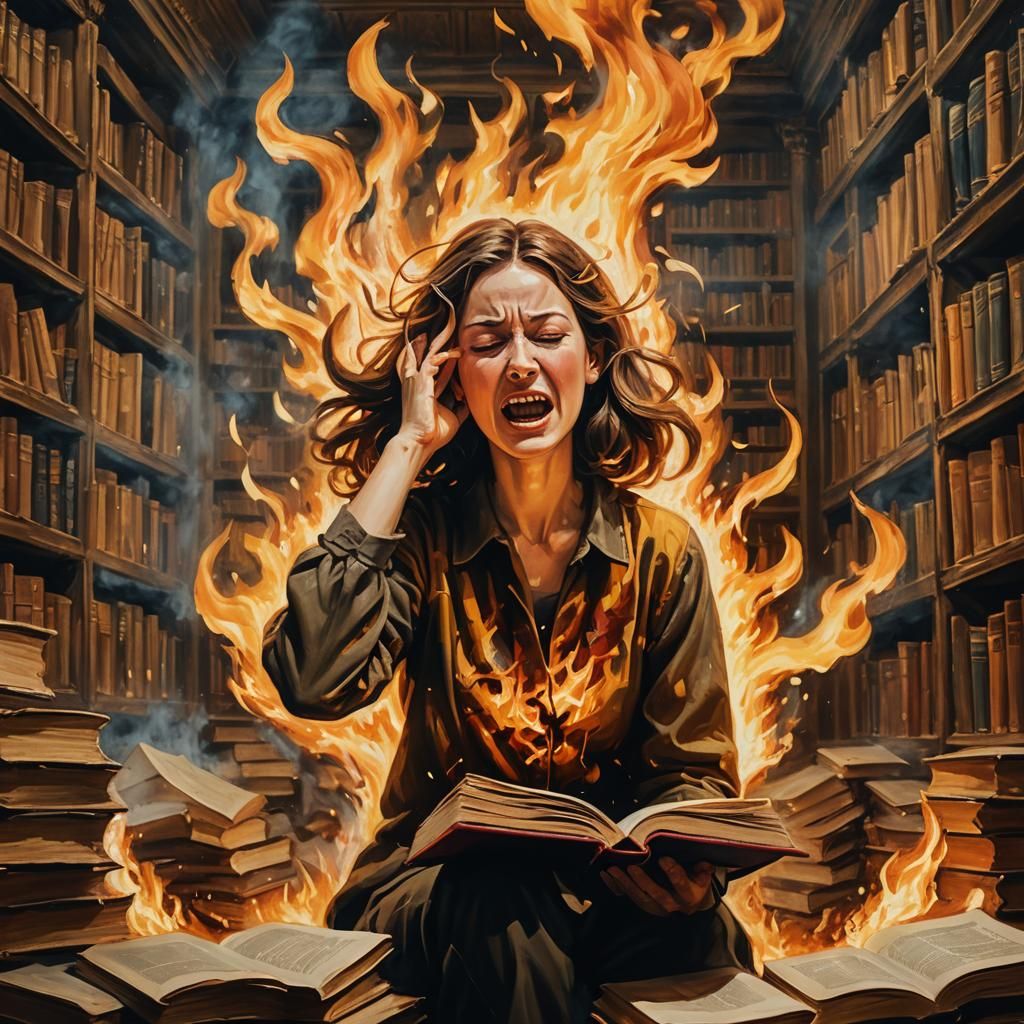 Flaming Books: A Surrealist Oil Painting of Despair